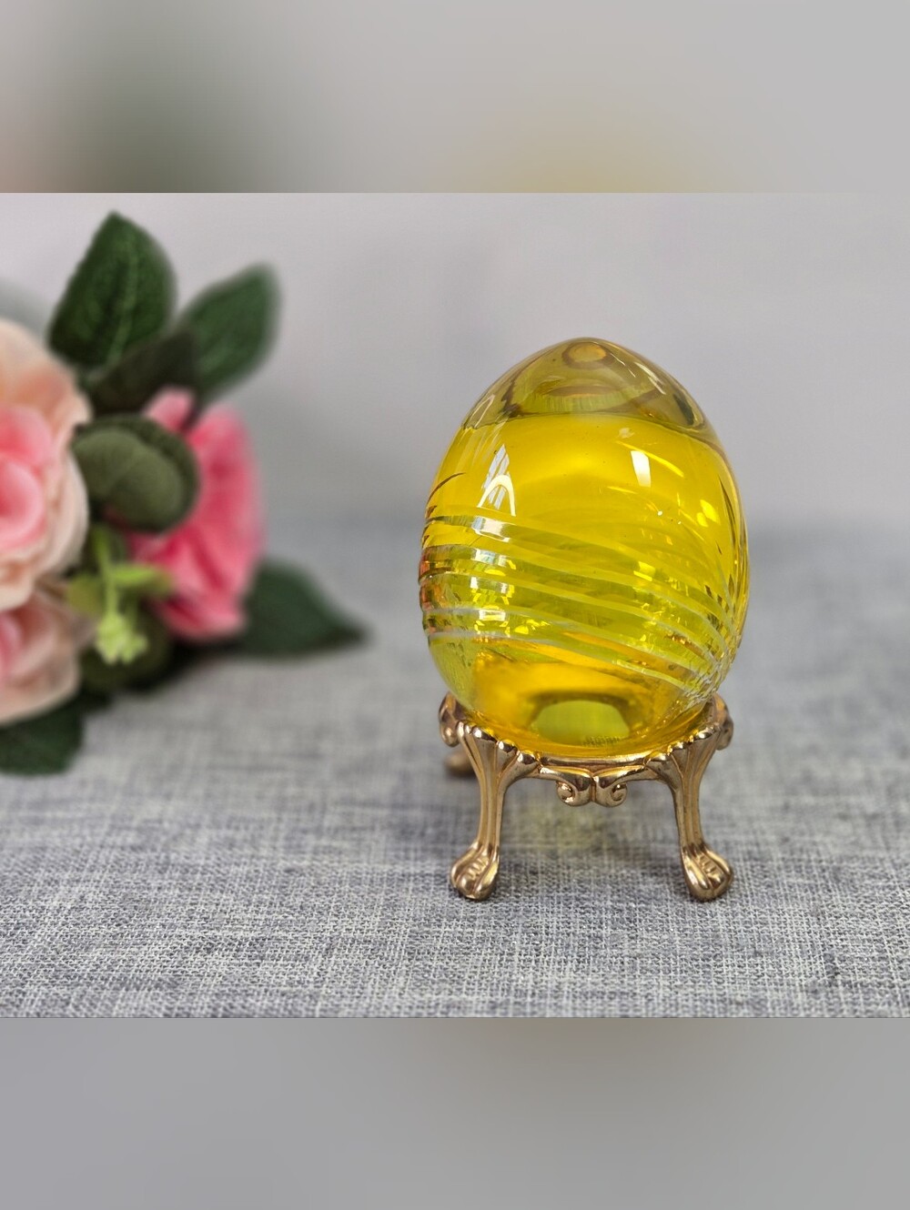 Vintage Ajka Crystal Yellow Cut To Clear Glass Egg Figurine 24k Gold Plate Stand
